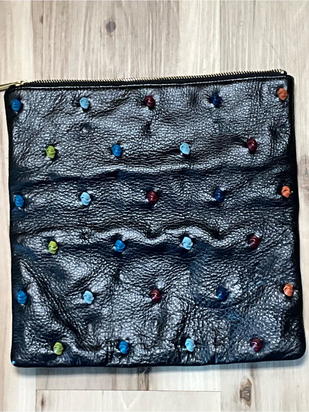 Tehra & b Black Leather Studded Zip Pouch with Multicolor Accents